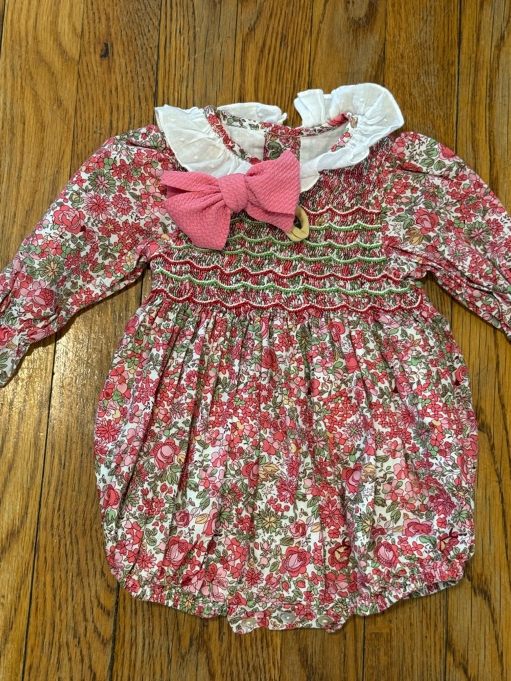 Lallie London Nora pink floral smocked long sleeve bubble romper 6m cotton